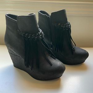 Black Leather Platform Wedges with Suede Fringe